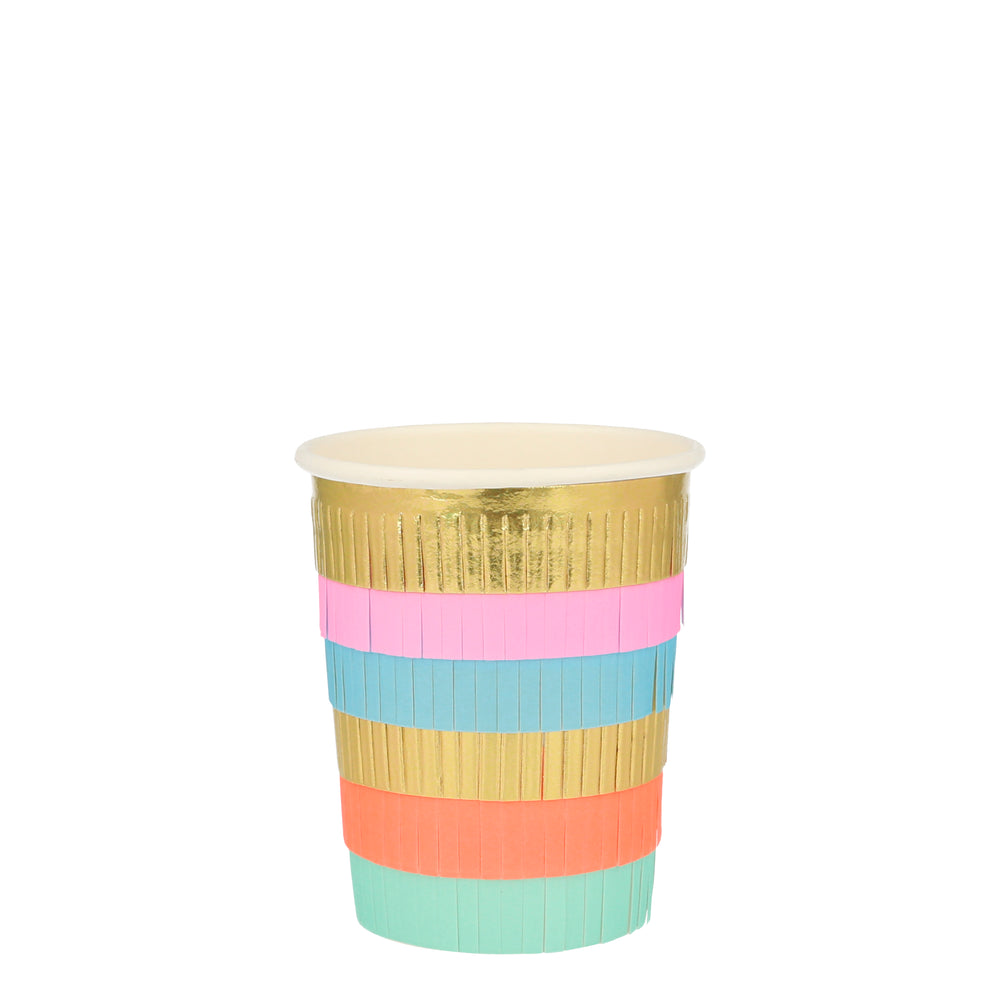 paper party cups lined in paper fringe in metallic gold, pink, blue, coral and mint pack of eight cups for use with hot and cold beverages