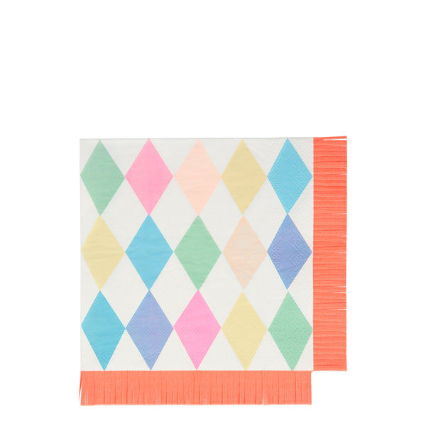 harlequin print napkins with a bright orange trim are the perfect finishing touch to your circus themed party.