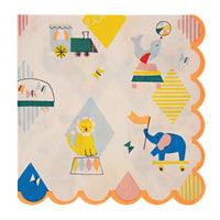 Circus themed paper party napkins with a train and performing circus animals large size