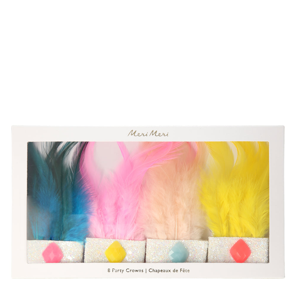 box of eight feather party headbands with a glitter band and one jewel per band, 2 of each color feathers in green, pink , peach and yellow