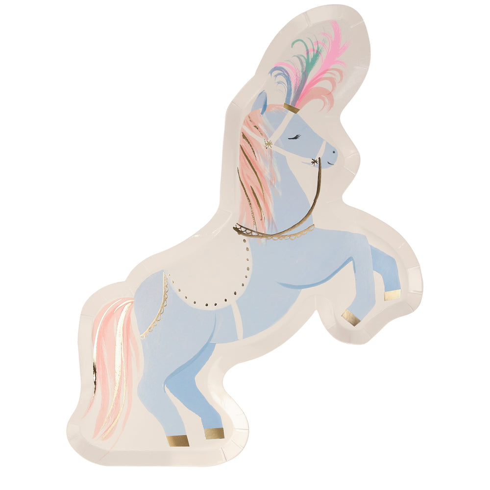Beautiful circus performing stallion in periwinkle blue and a multi-color headdress made of feather plumes