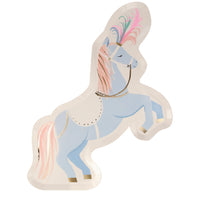 Beautiful circus performing stallion in periwinkle blue and a multi-color headdress made of feather plumes
