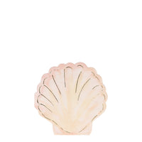 clam shell shaped napkins with natural shades of peach watercolor brush strokes and enhanced with gold foil details. the lovely napkins are chic and practical and sold in a package of sixteen napkins