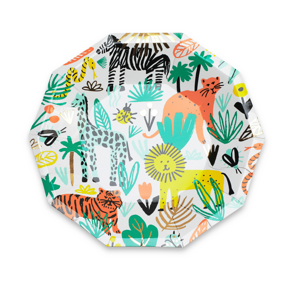 into the wild safari animal print in bright colors including giraffe, zebra, snake, lion and tiger small size plates