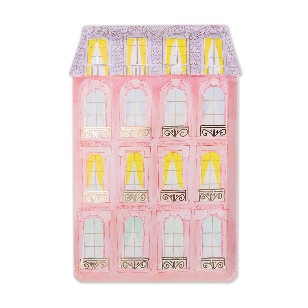 Plate design inspired by Lola Dutch book series, this plate is a whimsical watercolor illustration of a Parisian house. Colors include pink house, pastel color drapes in windows, lavender roof with gold foil architectural details.