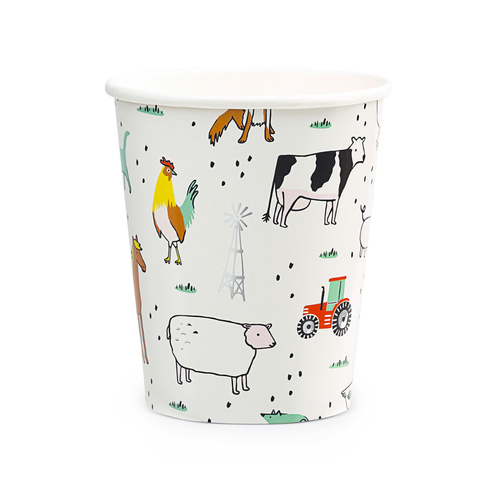 farm animal theme paper party cup featuring adorable farm print illustrated by Lindsey Balbiere includes cat, dog, cows, chicken, geese, horse, rooster, mouse, red tractor and a smiling sun. print is highlighted with shiny gold foil details