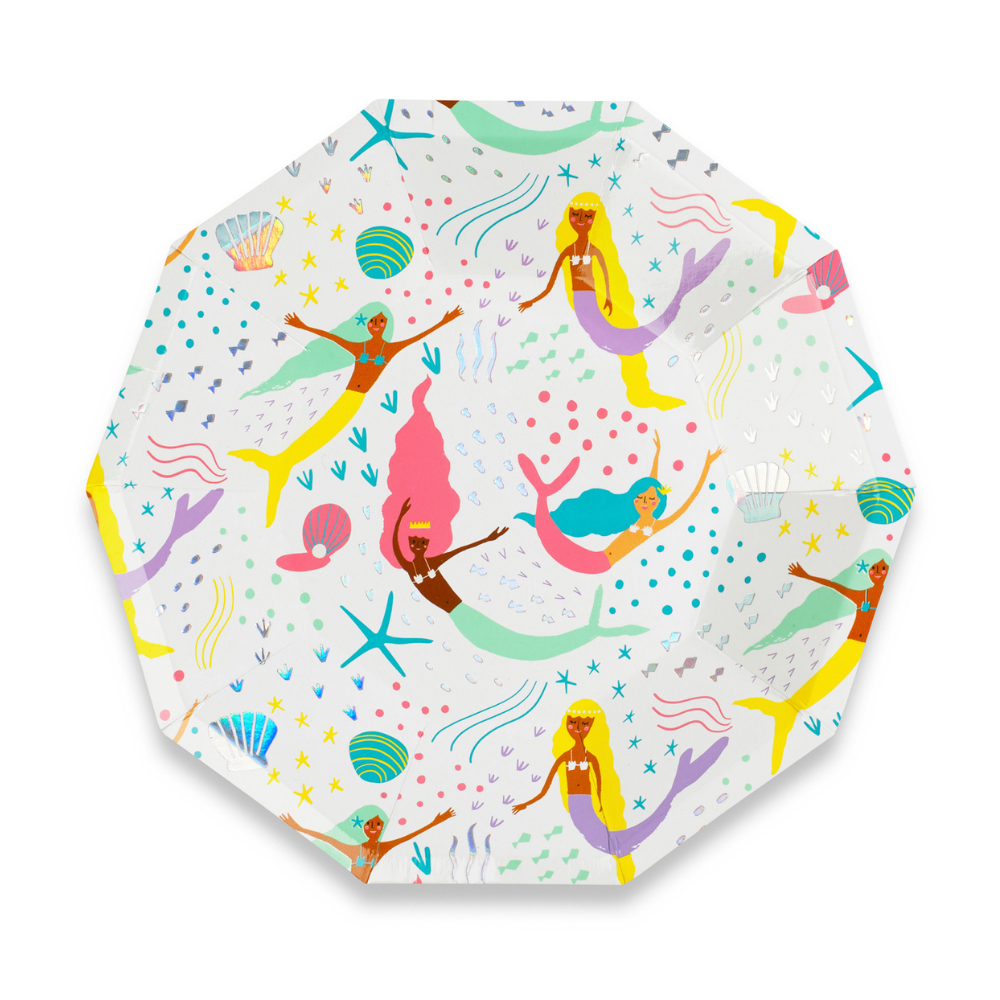 Swimming mermaids in bright colors including yellow, coral, aqua, lavender, mint green with seashells and small fish highlighted with holographic silver foil