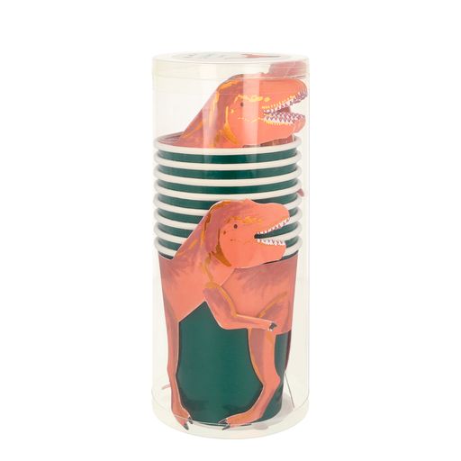 T - rex cups packed in a clear tube container, eight cups per pack