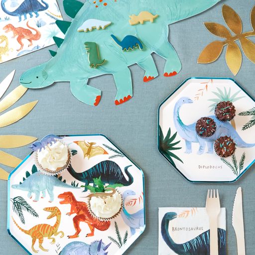 dinosaur them party image, includes plates, napkins cupcake kit and  serving platter