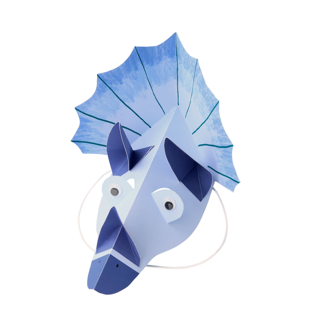 blue paper dinosaur hat, available in a set of eight hats in four colors re, green, blue and gold. perfect for a party favor.