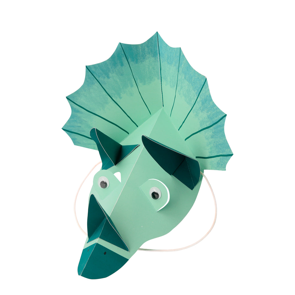 dinasaur hat made of paper, great as a party favor or as a party activity hat. Green color with googly eyes, sold in a set of eight in a box includes teo of each color in red, green, blue and red.