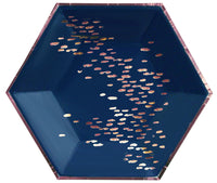 modern premium paper plates perfectly sized for appetizers and deserts in a deep navy blue and painterly strokes of rose gold foil detail and trim border .Pack of eight plates per pack