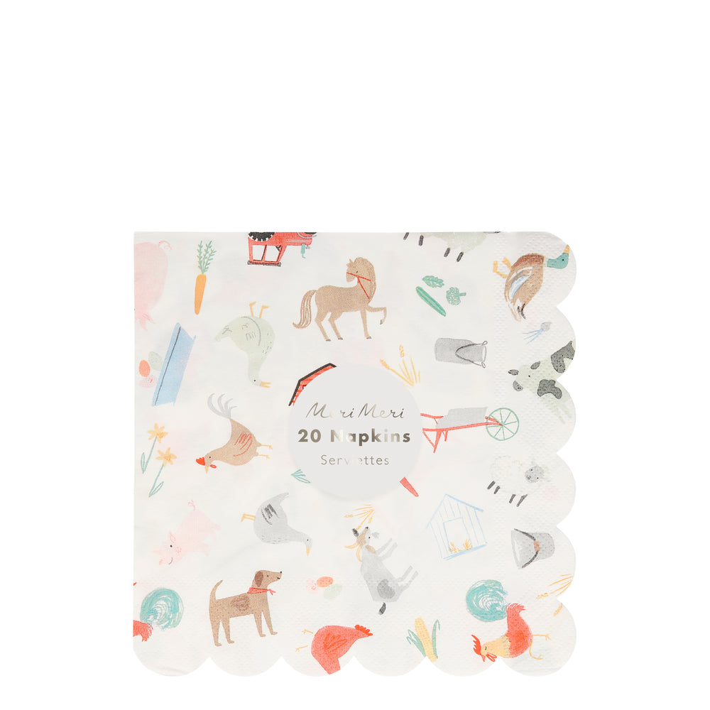 farmyard themed print paper party & lunch napkins in a pack of twenty pieces. Featuring barn, wheel barrel, cow, duck, horse, tractor and more.