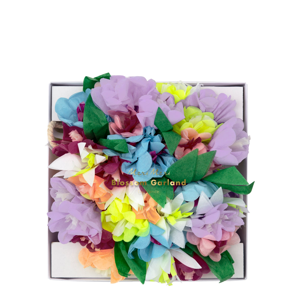 beautiful bright assorted flower and leaf garland packed in box , floral garland is secured to an eleven and one half feet long white cord for hanging this party decor item