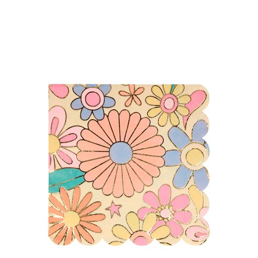 60's inspired flower power print napkins. Colors includes, green leaves, flowers in hot pink, peach, periwinkle and yellow color combinations and highlighted with shiny gold details. These are totally groovy!