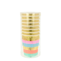 fringe paper party cups in gold, pink, blue coral and mint paper packaged in clear tube packaging for use with hot and cold beverages