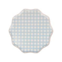 blue gingham print plate with a rose pink border, small size perfect for appetizers and deserts