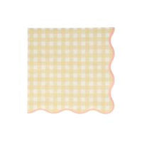 Yellow gingham napkin with a scallop border and a thin pink printed border.