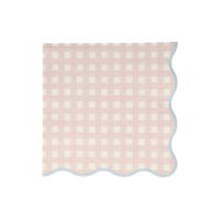 pink gingham paper napkin with a scalloped border trimmed in a thin blue line.