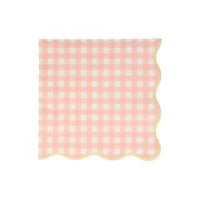 Gingham paper lunch size napkin in a pack of twenty napkins in four pastel color combinations. Blue, Pink, Peach and Yellow with a scalloped boarder.