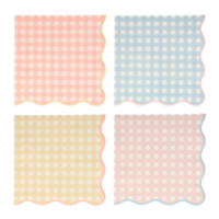 gingham napkins in a pack of twenty napkins in four pastel colors. Pink with blue border, pink with a blue border, yellow with a pink border and peach with a yellow border, all with a scalloped edge. great for baby shower or any spring or summer celebration.