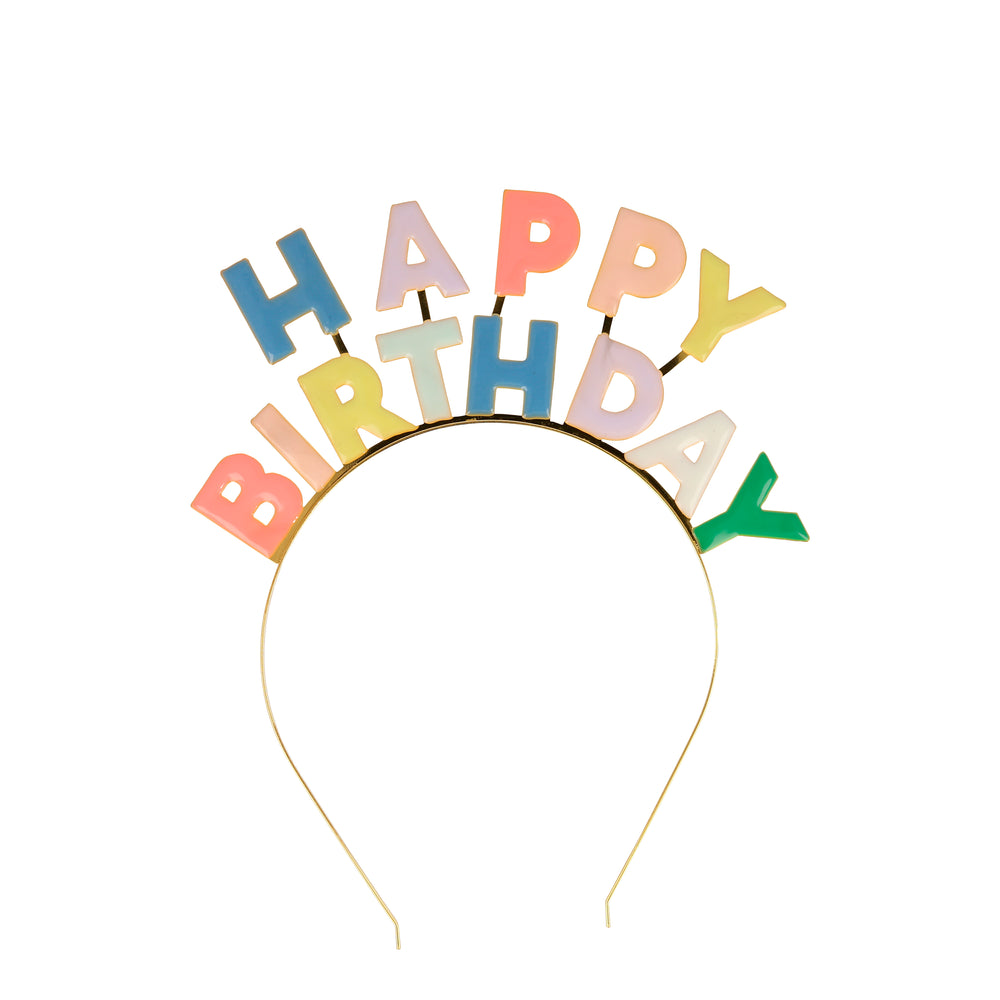 multicolor happy birthday letters made of enamel on a shiny gold headband, happy birthday letters in blue, pink, coral, peach, yellow, white and green enamel
