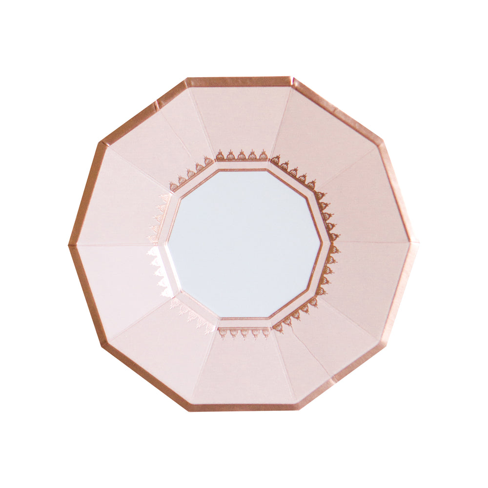 Soft pale pink plates are embellished with a delicate rose gold motif, premium disposable tableware in a pack of eight plates made