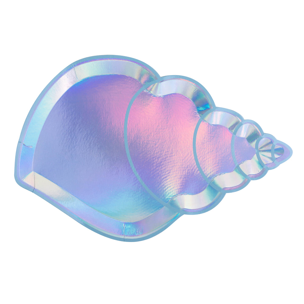 Paper party plates die-cut into the shape of a seashell and finished with a holographic foil for a pearlescent sheen. Pack of eight plates