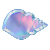 Paper party plates die-cut into the shape of a seashell and finished with a holographic foil for a pearlescent sheen. Pack of eight plates