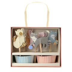 twenty-four kitty cat cupcake toppers in five designs, kitty cats in a beautiful pastel palette with pink and blue striped cupcake cases. packages in a box with a creme velet handle