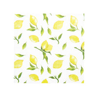 white cocktail and beverage sized napkins with a lemon print in yellow and green perfect for spring and summer parties and events.