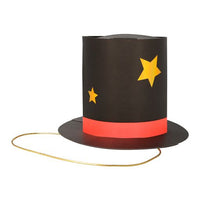 black magician top hat with gold holographic stars , red hat band and gold elastic to keep in place when worn.