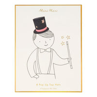 box packaging  with a magician illustrated on front of box containing eight kid's paper magician hats, simple assembly required