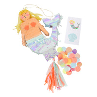 mini mermaid pinata favor pre-filled with multi-color confetti and a seashell and mermaid temporary tattoo