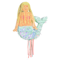 Mini mermaid party favor perfect for party bags and place setting guest gifts, made of paper with long blond hair  an aqua iridescent fin includes multi-color confetti and a mermaid and shell temporary tattoo