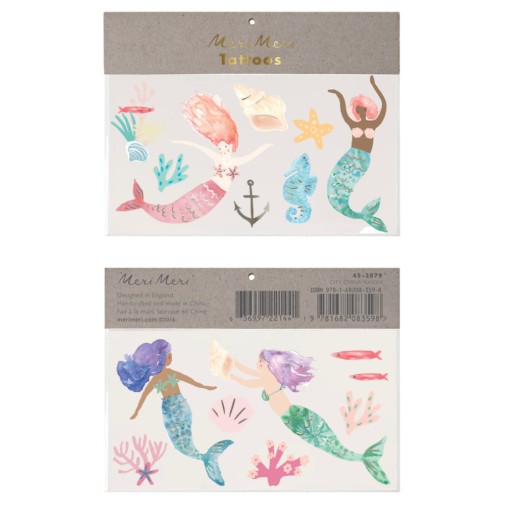 beautifully illustrated watercolored temporary tattoos featuring four mermaids, seahorse, starfish, seashells, fish, coral and anchor. Set of 2 sheets, perfect for a party activity or to stuff in a favor bag. For ages 3 plus years of age
