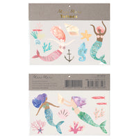 beautifully illustrated watercolored temporary tattoos featuring four mermaids, seahorse, starfish, seashells, fish, coral and anchor. Set of 2 sheets, perfect for a party activity or to stuff in a favor bag. For ages 3 plus years of age