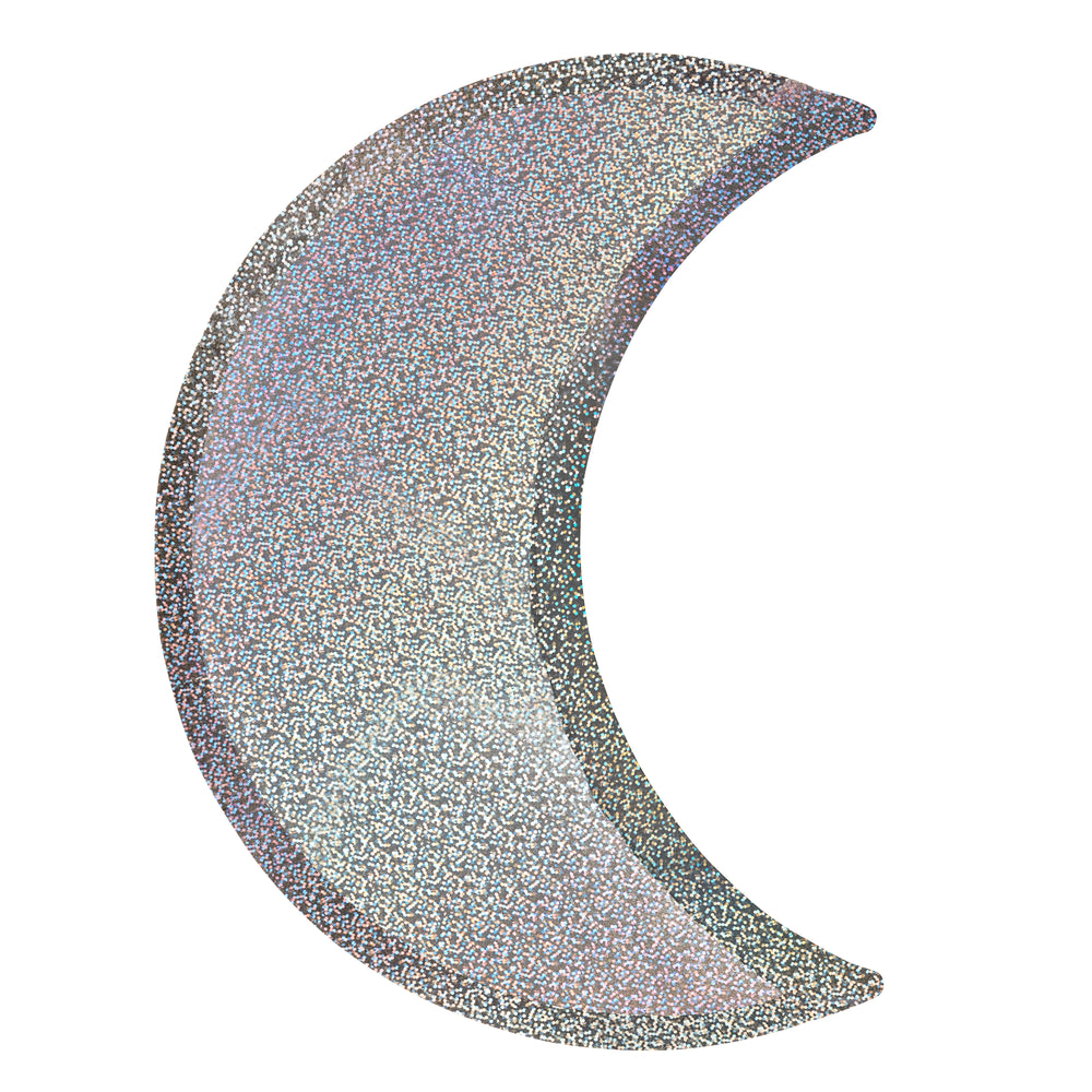 Crescent moon shaped plates in a brilliant reflective holographic paper, these have a spectacular reflective sheen and are great for a space theme or Halloween party. Pack of eight plates