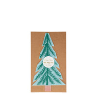 package of twenty paper napkins die-cut into the shape of a pine tree, perfect for any outdoor themed party or camping retreat. light green with a hunter green tree details and a brown tree trunk