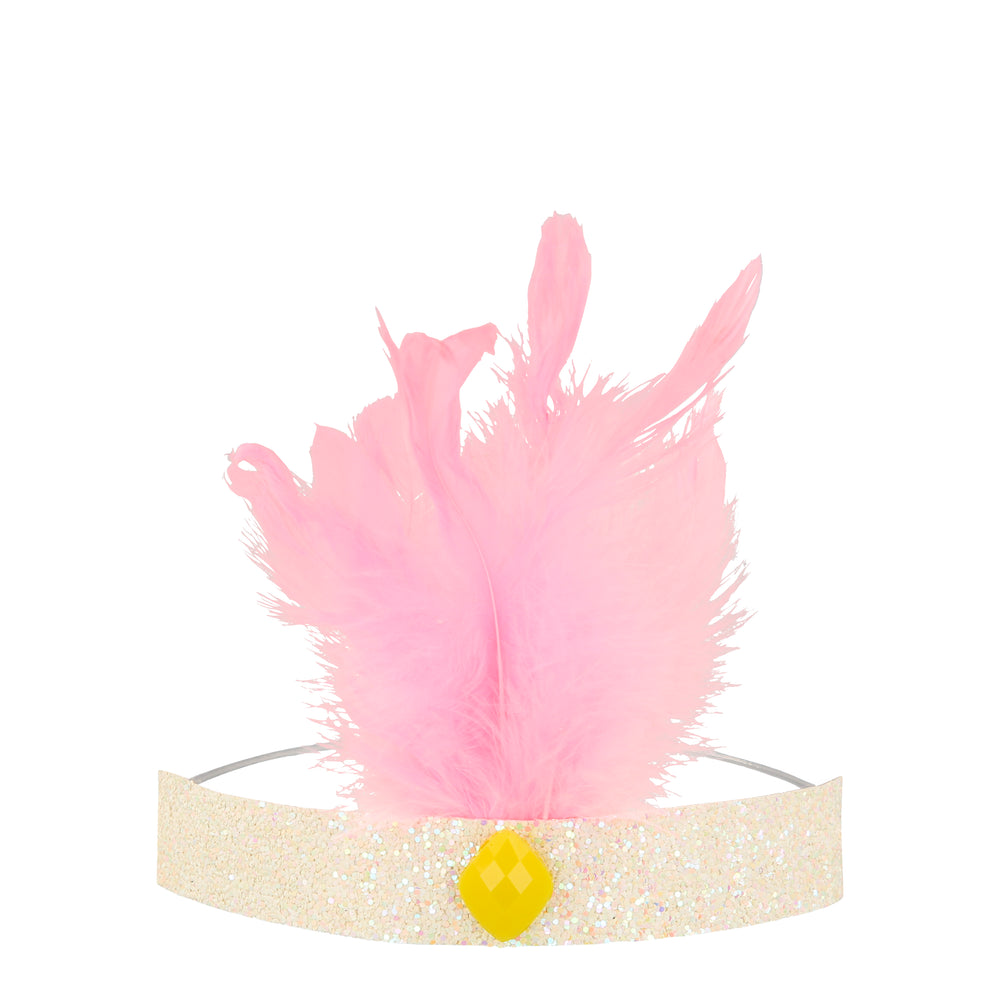 pink feather with a glitter headband with a yellow jewel  sold in a set of eight headbands in four assorted colors