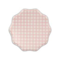 gingham print plates in pink with a blue border . Pack of twelve plates in four pastel colors, blue, pink, peach and yellow.