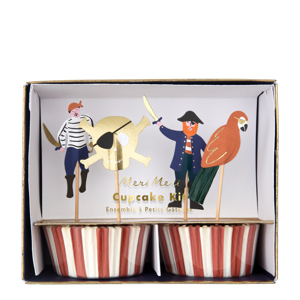 pirate themed cupcake toppers including pirates, skulls and parrot and red and white stripe cupcake cases.