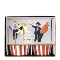 pirate themed cupcake toppers including pirates, skulls and parrot and red and white stripe cupcake cases.