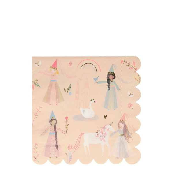 These beautifully illustrated peach napkins feature four princesses, swan, unicorn and castle finished with a scalloped edge