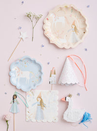 Create the perfect princess party with the Magical princess party collection by Meri Meri includes plates,cake topper,wands,party hats and pinata favors.