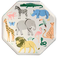 Safari animal print large dinner plate, featuring assortment of colorful animals including elephant, lion, zebra, giraffe, rhino , alligator, turtle, flamingo, snake, butterfly, monkey & toucan