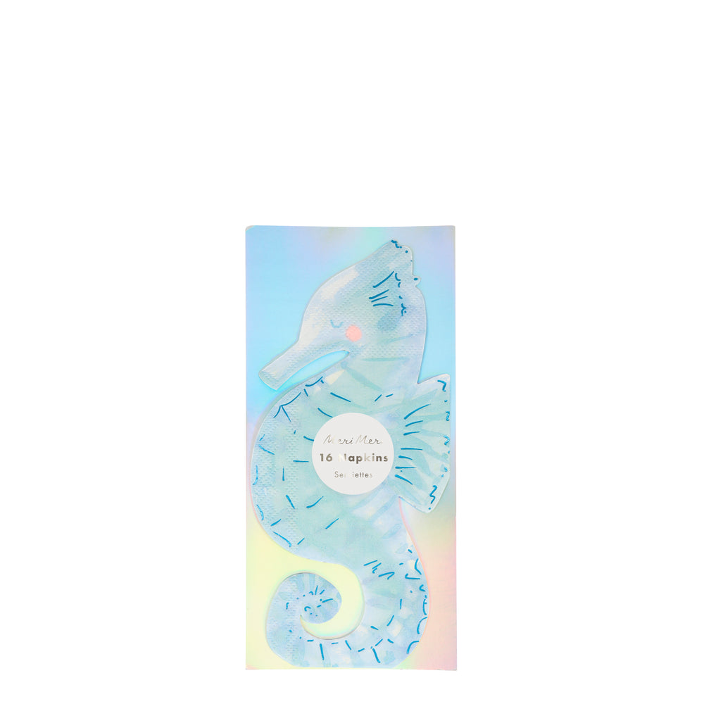 Seahorse shaped napkins in aqua with blue foil details, sixteen napkins per package