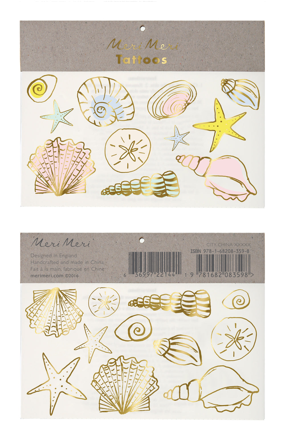 Chic seashell temporary tattoos in assorted pastel colors with gold foil details & shiny gold seashell shapes. Pack of 2 sheets
