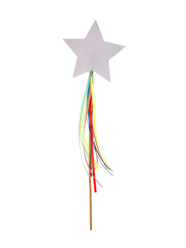  paper star embellished with lots of beautiful white iridescent glitter, wood stick and ribbons in pink, yellow, green , red and blue. Perfect  for a party gift and favors.
