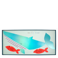 sea creature party decoration garland four lengths four feet long featuring a whale, shark, jellyfish , fish and letters that spell " under the sea ". made with neon and holographic paper .